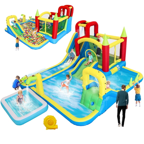 Modern 11 in1 Inflatable Slide Water Park Wood, Outdoor Built for Everyday Comfort & Style Inflatable Slide Water Park