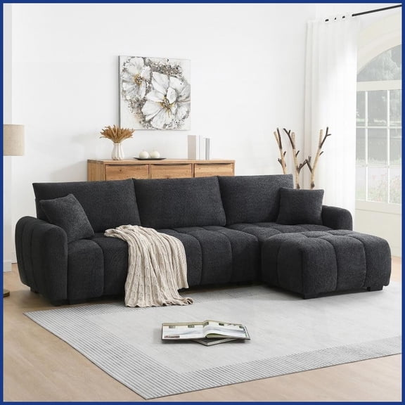 Modern 110" Boucle Modular Sectional Sofa with Pull-Line Cushions & Movable Ottoman for Living Room