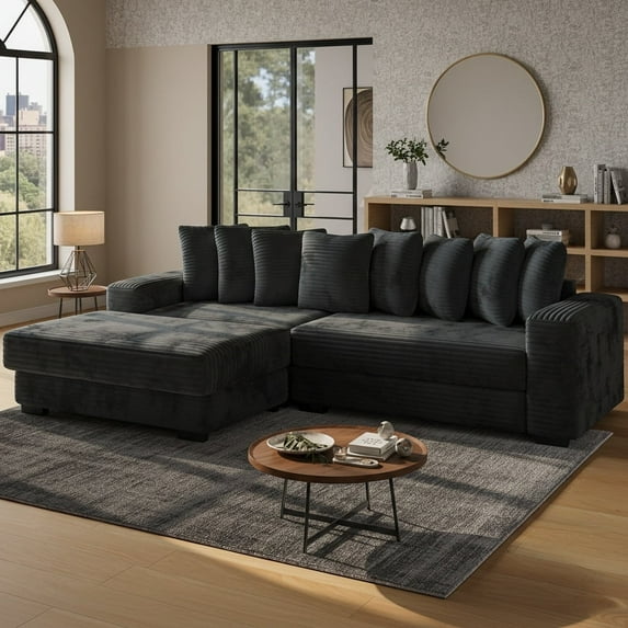 Modern 110" Modular Sectional Sofa with Chaise, Fluffy Corduroy Cloud L Shaped Couch with Deep Seats for Living Room (Black)