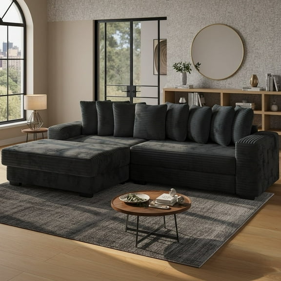 Modern 110" Modular Sectional Sofa with Chaise, Fluffy Corduroy Cloud L Shaped Couch with Deep Seats for Living Room (Black)