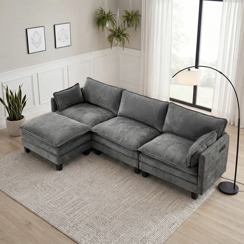 Howcool 110"W Modern Chenille Sectional Sofa with Ottoman,L-Shaped Modular Sofa Couch with USB Ports for Living Room,Dark Grey