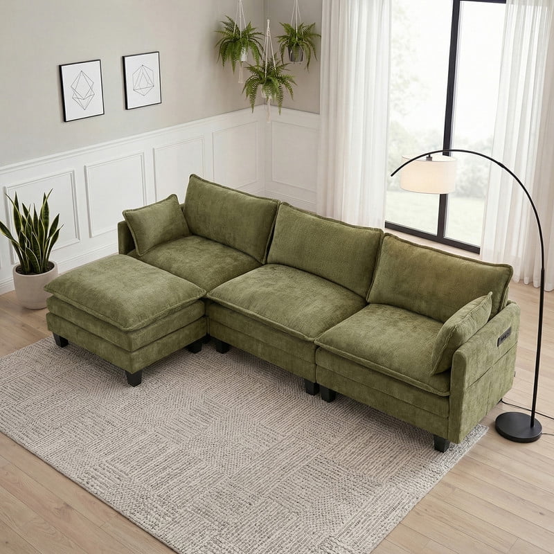Howcool 110"W Modern Chenille Sectional Sofa with Ottoman,L-Shaped Modular Sofa Couch with USB Ports for Living Room,Green