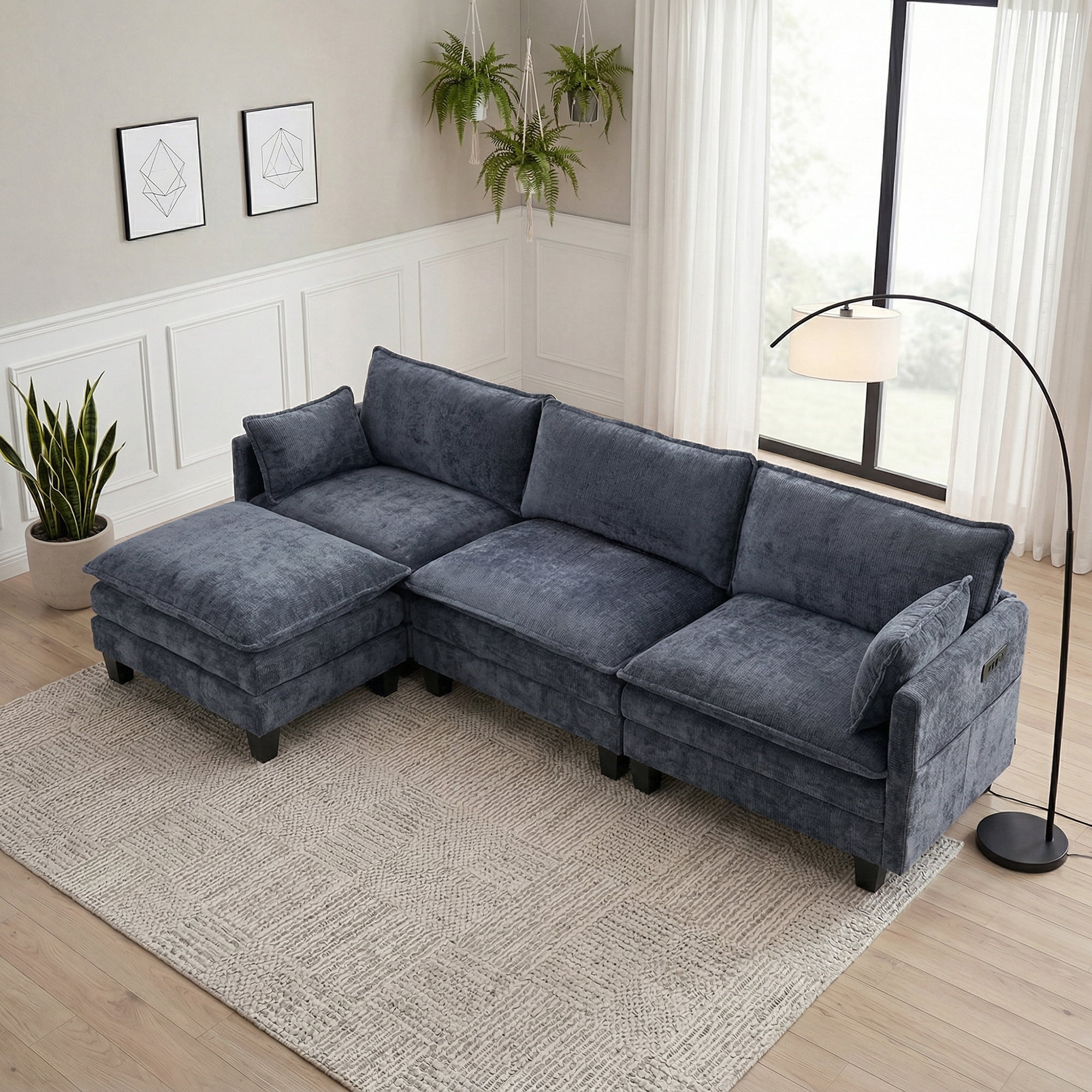Modern 110"W Chenille L-Shape Sectional Sofa Set,3-Seat Sofa Couch + Ottoman, USB Port, Side Pocket