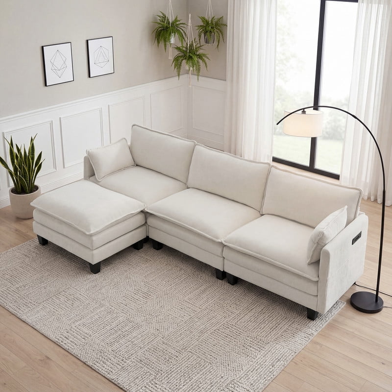 Modern 110"W Chenille L-Shape Sectional Sofa Set,3-Seat Sofa Couch + Ottoman, USB Port, Side Pocket