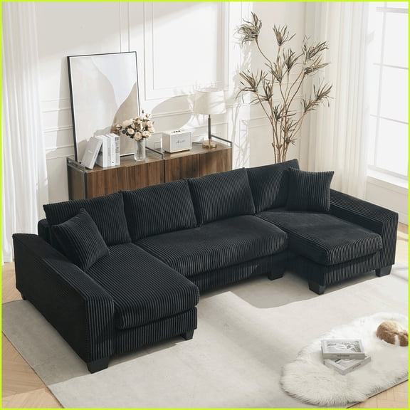 Modern 114" U-Shaped Corduroy Sleeper Sofa Bed for Living Room - 2-in-1 Convertible