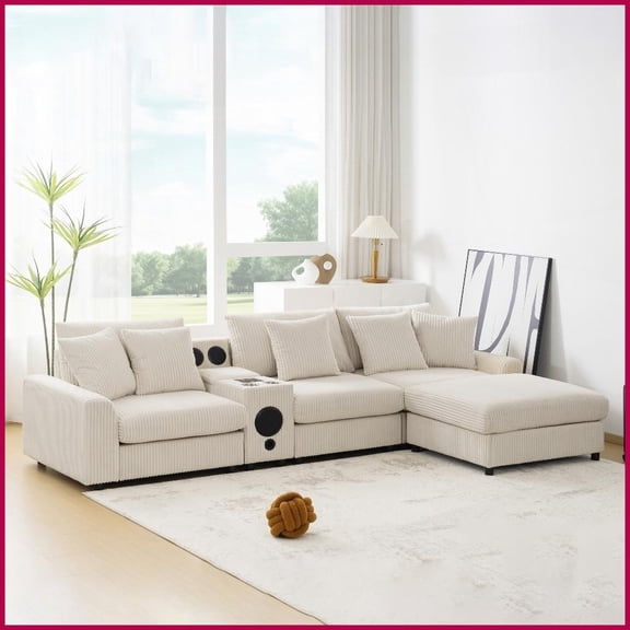 Modern 114x64'' Corduroy Sectional Sofa with Bluetooth, Storage & Charging for Living Room