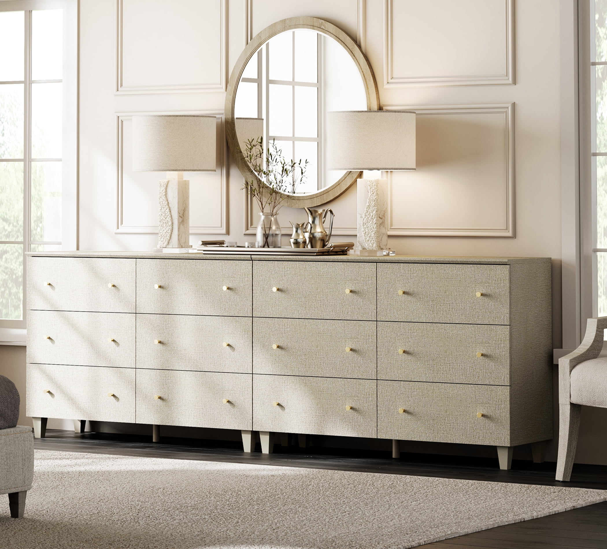 Modern 12-Drawer Double Dresser, Wood Chest of Drawers with Beige Linen Printed Finish, 95" Wide