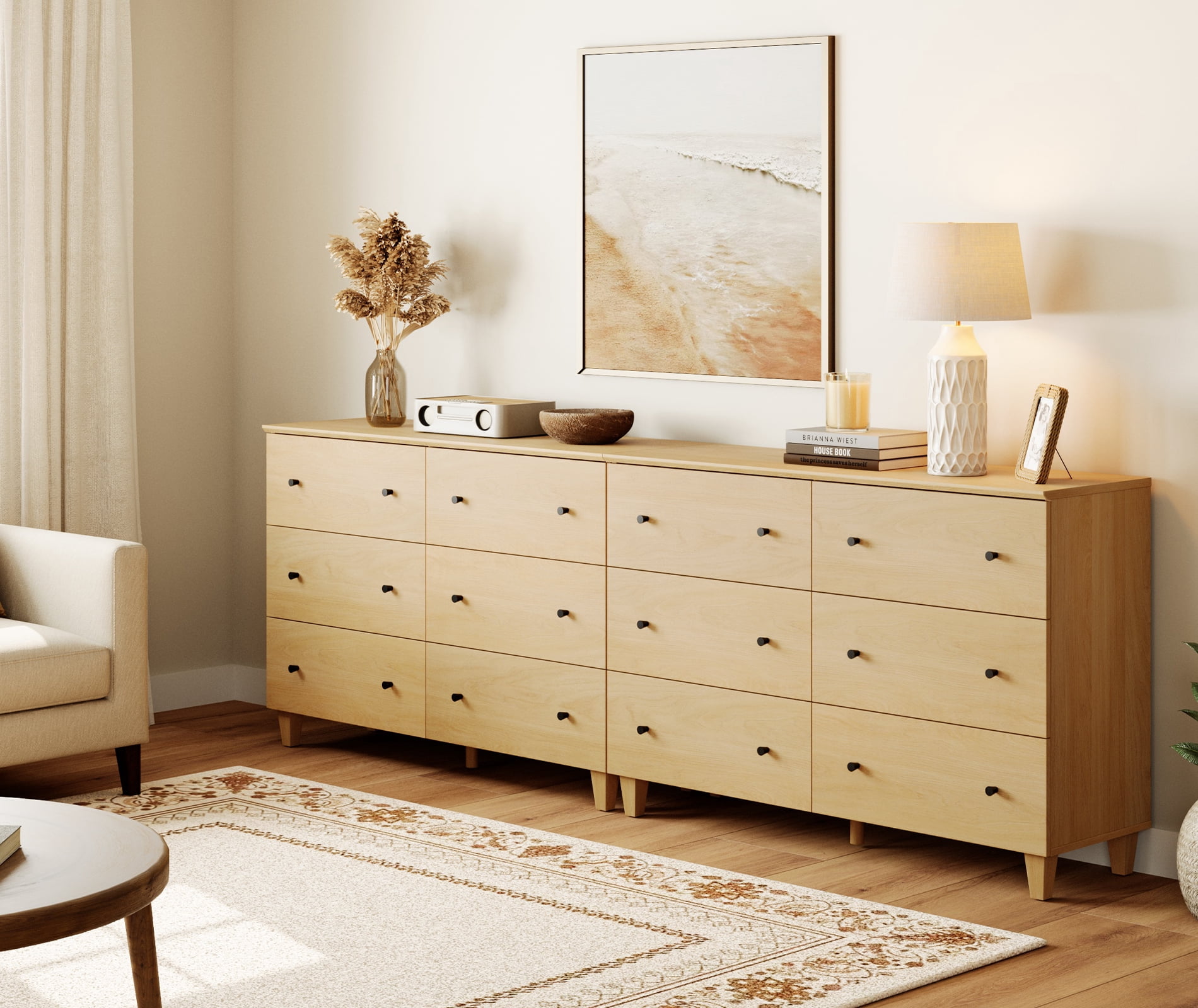 Modern 12-Drawer Double Dresser, Wood Chest of Drawers with Oak Wood Finish, 95" Wide