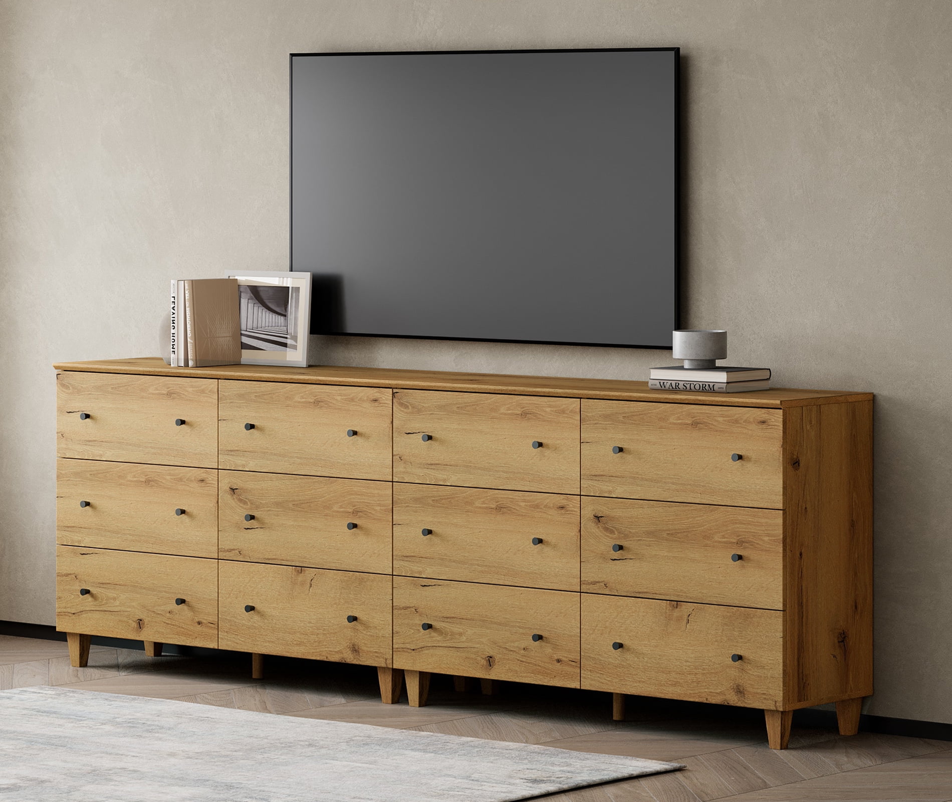 Modern 12-Drawer Double Dresser, Wooden Chest of Drawers with Oak Brown Wood Finish, 95" Wide