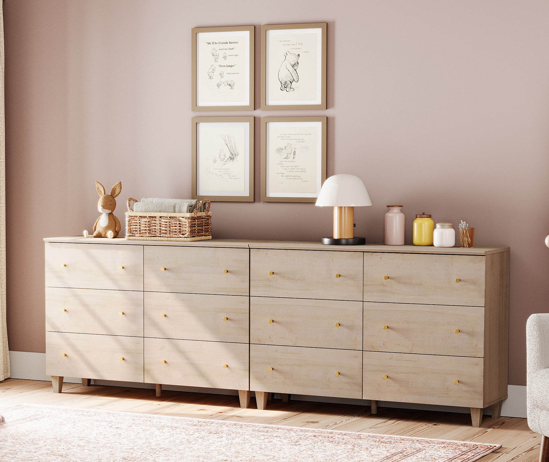 Modern 12-Drawer Double Dresser, Wooden Chest of Drawers with White Oak Wood Finish, 95" Wide