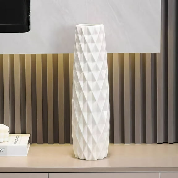 12-Inch Tall White Ceramic Textured Floral Vase for Elegant Home Decor