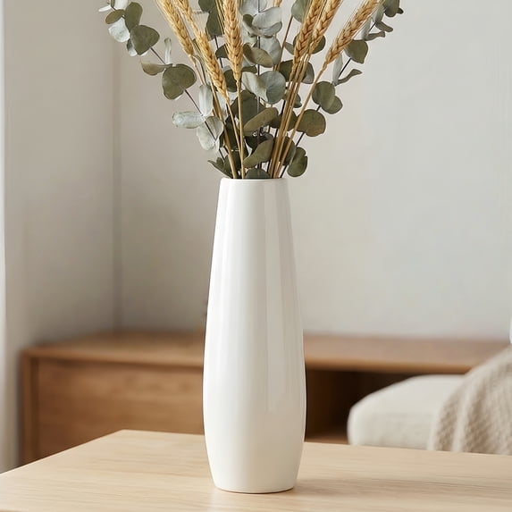 Modern 12-Inch Tall White Ceramic Vase for Pampas Grass, Floral Arrangements, and Elegant Home Decor
