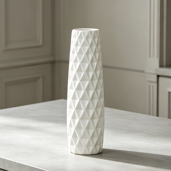 12-Inch Tall White Ceramic Textured Floral Vase for Elegant Home Decor