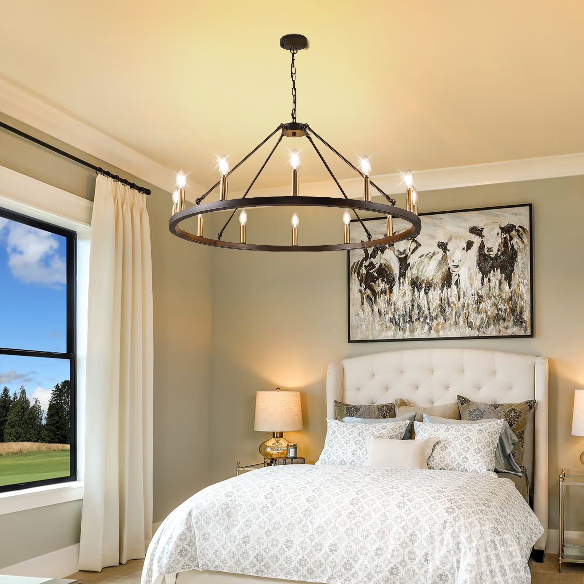Modern Black and Gold 12-Light Wagon Wheel Chandelier