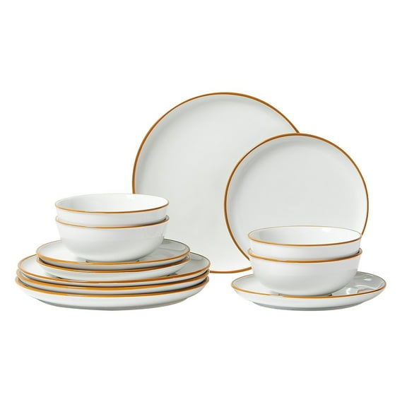 Modern 12-PC Ceramic Plates and Bowls Set in White - Complete Dinnerware Service for 4, Microwave Safe