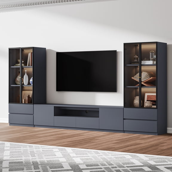 ATJafurn Modern 126'' Gray Entertainment Center for 55/65/75 inch TV, Gray Wooden TV Stand and Two Glass Display Shelves with Lights for Home & Office