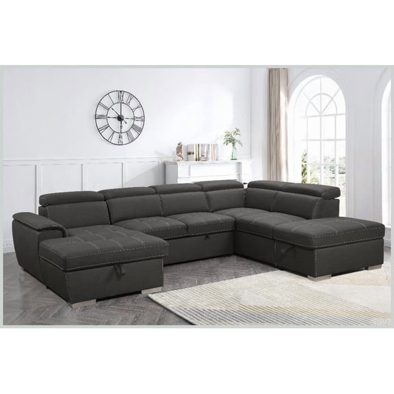 Modern 128" U-Shaped 7-Seater Sectional Sofa with Adjustable Headrest, Storage & Pull-Out Bed - Gray Polyester Fabric for Living Room