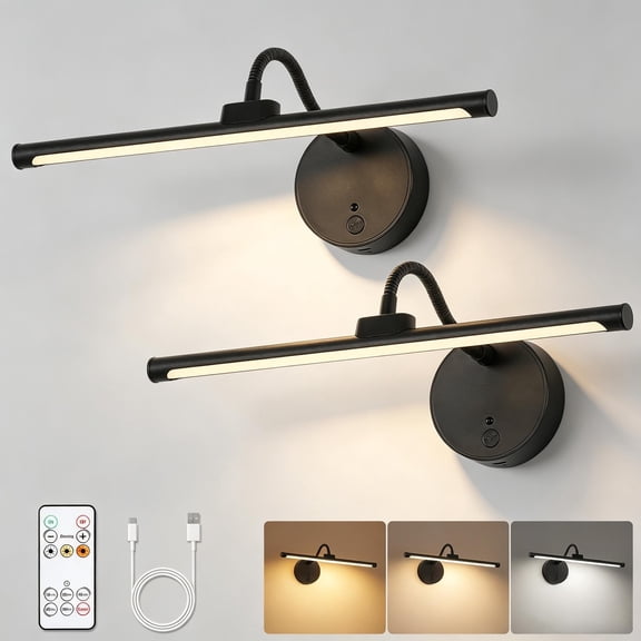 Modern 13.4 in. LED Picture Lights Set of 2 Black Finish Featuring Rechargeable Battery Remote Control 3CCT Lighting and Adjustable Arm