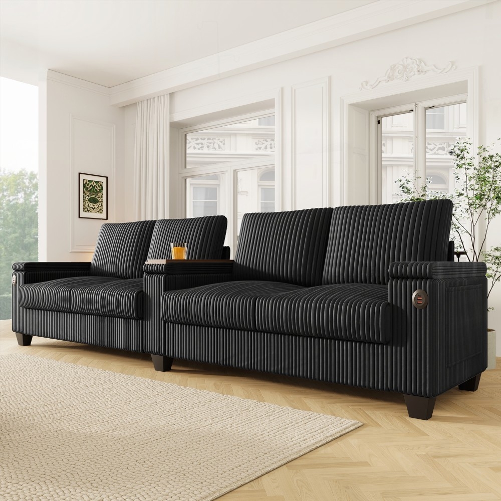 Modern 133" Corduroy 4-seater Sofa featuring Hidden Storage & Flip-Top Cup Holders, Black