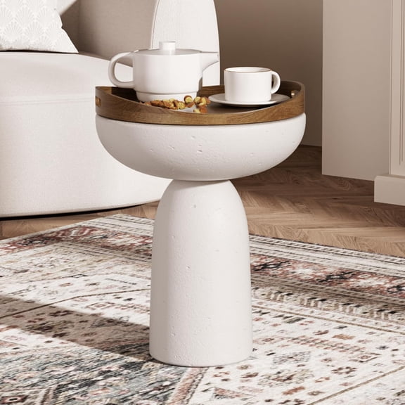 Modern 15.7" Round Coffee Table with Glass Fiber Cylindrical Base, Drum Center Table, Circular Magazine Table for Living Room, Apartment, Office, Concrete White