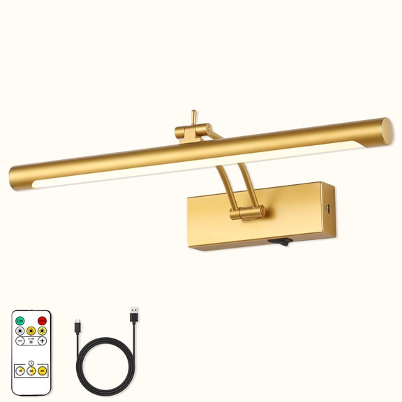 Modern 15.8 in. Linear LED Picture Light Gold Finish with Rechargeable Battery Remote Control 3CCT Lighting and Rotatable Arm
