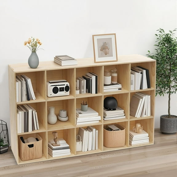 Modern 15-Cubby Wooden Bookshelf 90cm Wide Display Cabinet for Living Room