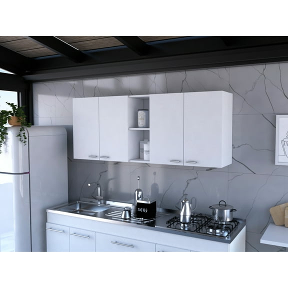 Modern 150 Wall Cabinet - White, Double Door With Two Exterior & Interior Shelves Metal Handles And Built-in Dish Rack Holder Storage Display Shelf Unit Stand White Door, Outer Inner 4 Panels