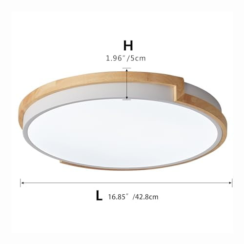 Modern 16.85" LED Wood Flush Mount Ceiling Lighting Dimmable Contemporary Circle Ceiling Light Fixture Simple Round Acrylic Metal Lamp for Bedroom Living Room Kitchen Closet Room L