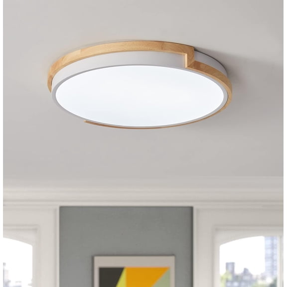 Modern 16.85" LED Wood Flush Mount Ceiling Lighting Dimmable Contemporary Circle Ceiling Light Fixture Simple Round Acrylic Metal Lamp for Bedroom Living Room Kitchen Closet Room Laundry White