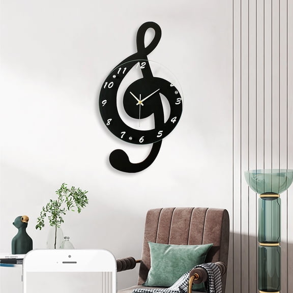 Modern 16.93 in Black Creative Mical Note Wall Clock Glass Metal Clock For Living Room Office Decor