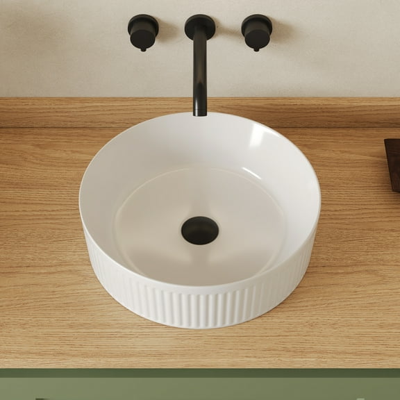 Modern 16 in. Round White Ceramic Bathroom Vessel Sink with Wavy Texture Design, Above Counter Single Bowl Art Basin