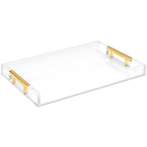 Modern 16"x12" Rectangle Acrylic Lucite Plastic Decorative Serving Tray with Gold Polished Metal Handles for All Occasion's by Home Redefined