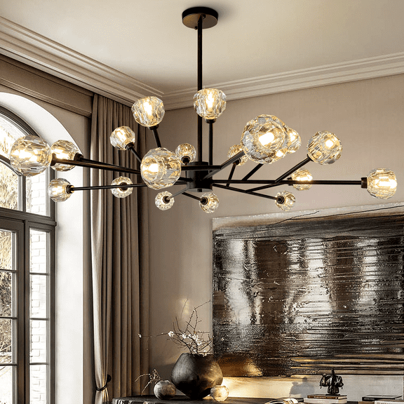 Modern 18 Light Sputnik Chandelier Light Fixtures Black Semi Flush Mount Ceiling Lighting Industrial Vintage Mid-Century Starburst Style Ceiling Lamp for Bedroom Dining Room Kitchen Foyer