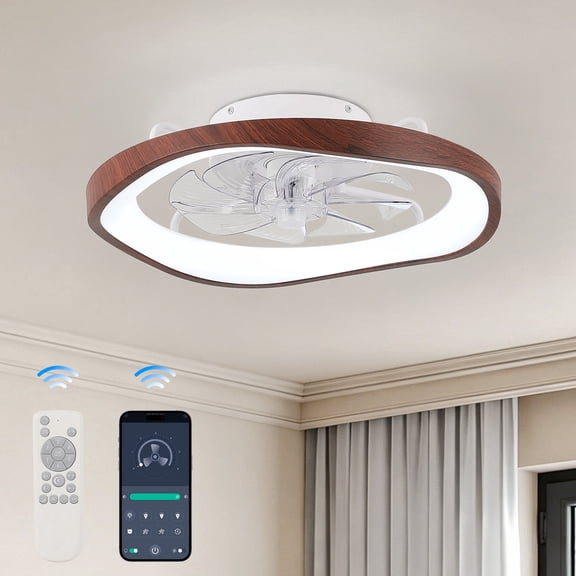 Modern 19.7 in. Flush Mount Ceiling Fan with LED Light 3 CCT Selectable Reversible Motor Wood Grain Finish