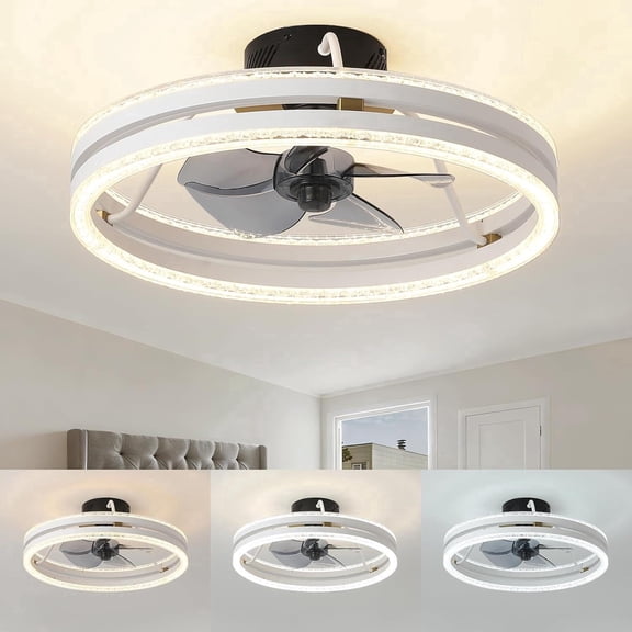 Modern 19.7 in. Flush Mount Ceiling Fan with Twin Ring Integrated LED Light 3 CCT Selectable White Finish with Remote