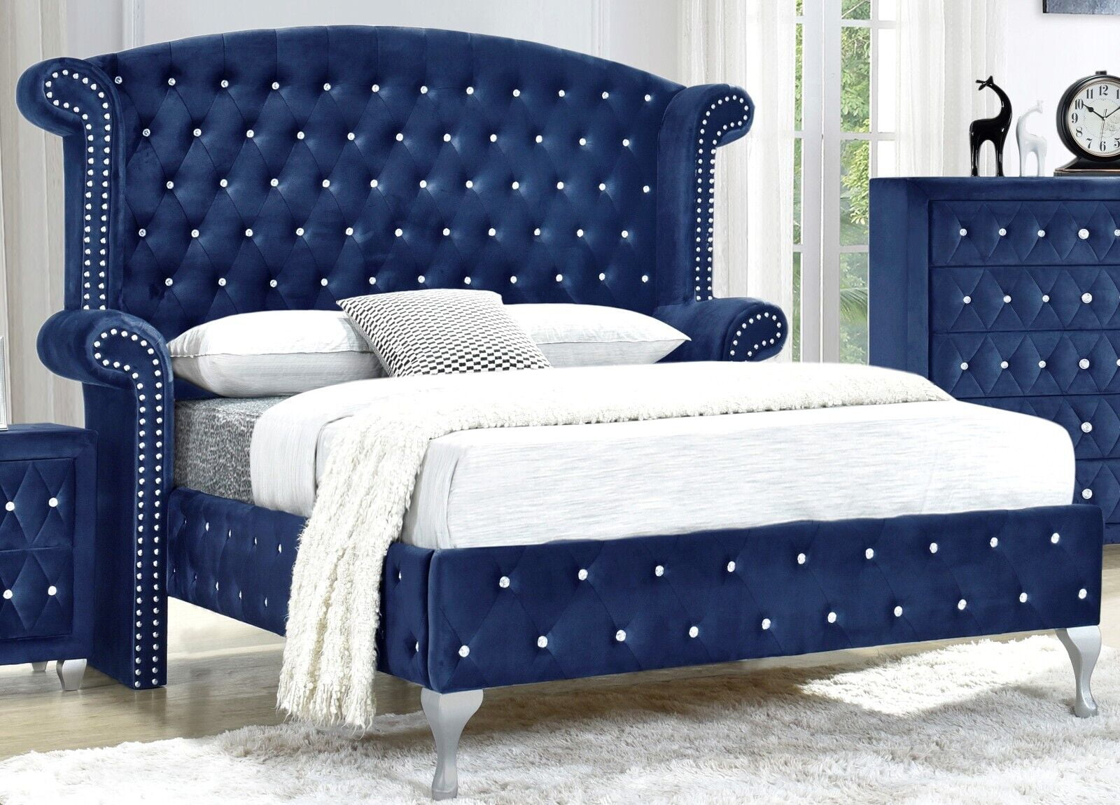 Modern 1Pc King Size Unique Bed w Wingback Velvet HB Master Bedroom ...