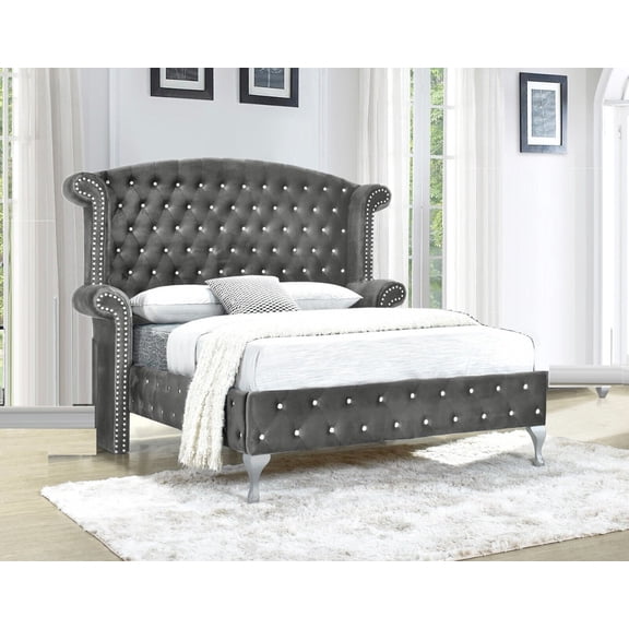 Modern 1Pc King Size Unique Bed w Wingback Velvet HB Master Bedroom Furniture Gray Velvet Upholstery