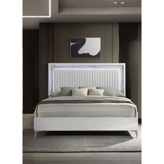 Modern 1Pc White Panel Queen Size Upholstered Headboard LED Light Bed