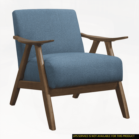 Modern 1pc Accent Chair - Blue Fabric Cushion, Walnut Finish, Solid Rubber Wood