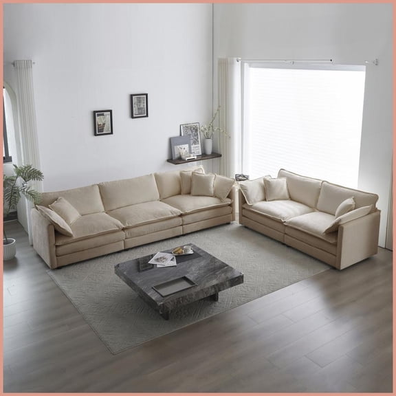 Modern 2+3 Seater Beige Chenille Sofa Set  Solid Wood Frame for Living Room Flexibility