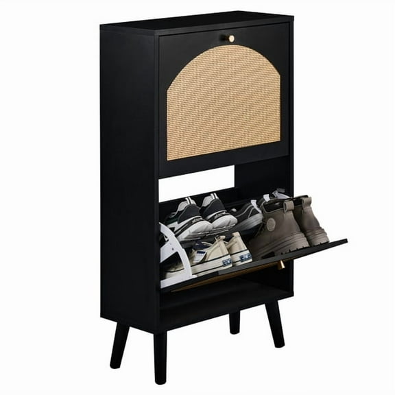 Modern 2-Door Flip-Down Shoe Cabinet - Black Frame with Rattan Design, 98cm Height, Slim 24cm Depth, Particle Board, Stores 6-8 Pairs, for Entryway, Narrow Hallways