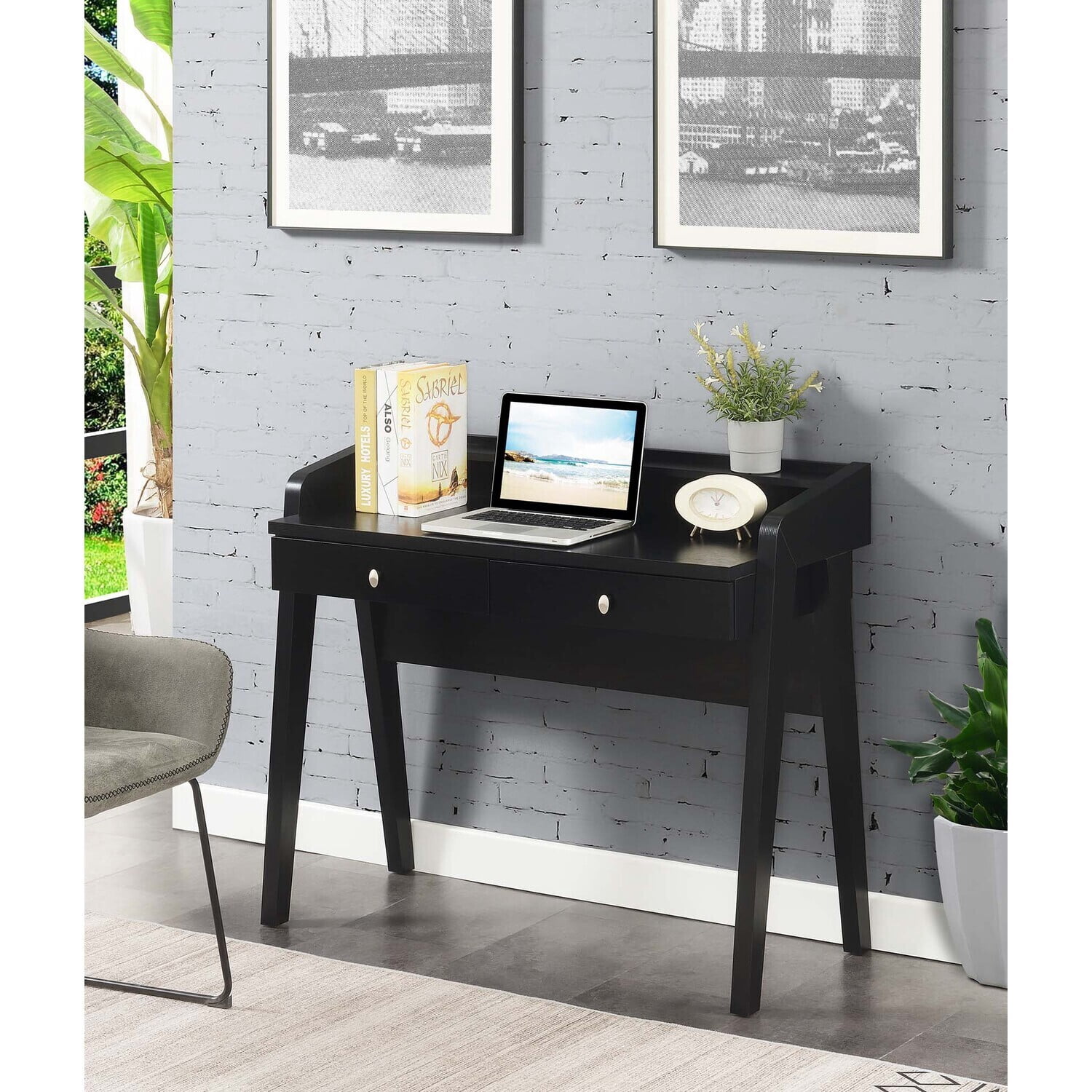 Modern 2-Drawer Desk with Shelf - Black Minimalist Computer Writing ...