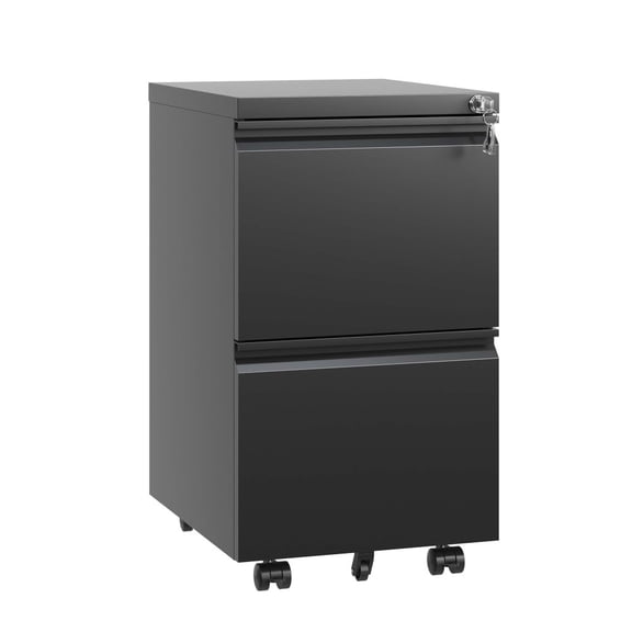 Modern 2 Drawer Metal Filing Cabinet with Lock, Black, Compact Rolling Storage for Legal/Letter/A4 Files, Fully Assembled (Exc. Wheels)