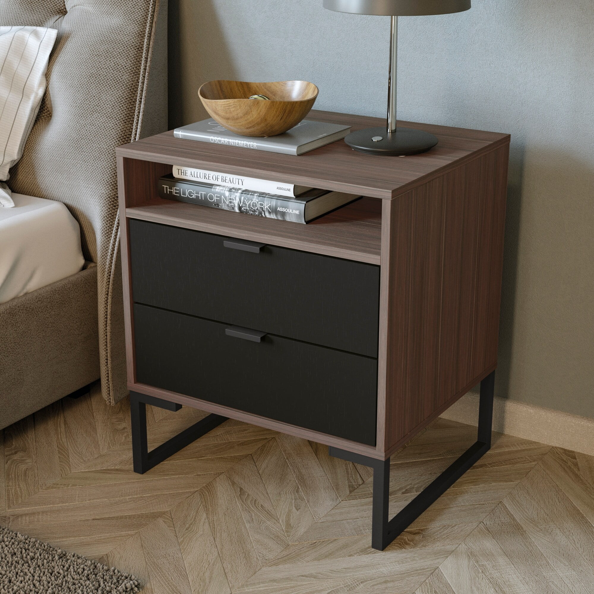 MidCentury Modern Collins Nightstand 2 Drawers & Niche Ebony Brown