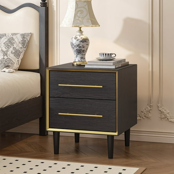 Swedhaus Modern Nightstand for Bedroom with 2 Drawers,Wood Bedside Table for Living Room with Gold Metal Handle,Black