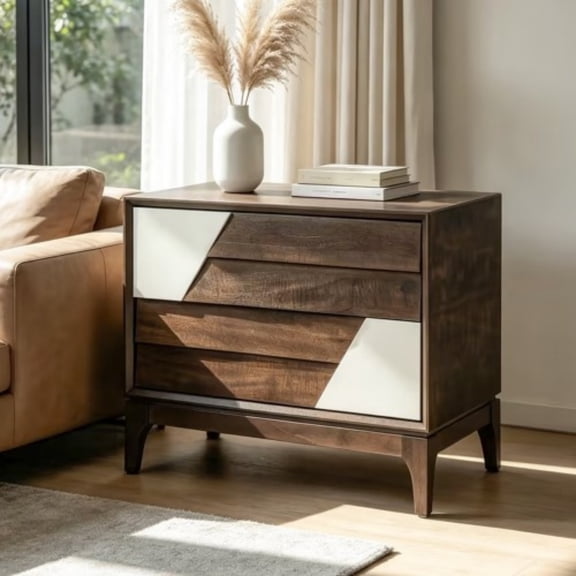 Modern 2-Drawer Nightstand with Japandi Style Geometric Design, Brown & Cream White Bedside Table with Angled Patchwork Detail, Wood End Table for Bedroom, Living Room