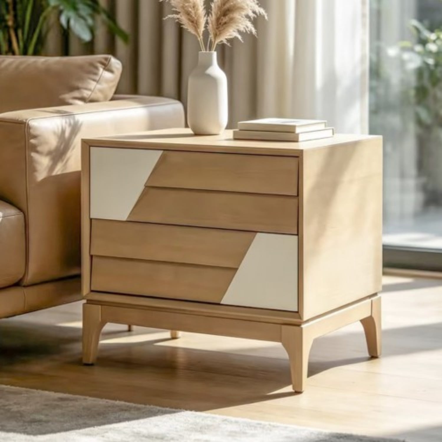 Modern 2-Drawer Nightstand with Japandi Style Geometric Design, Natural & Cream White Bedside Table with Angled Patchwork Detail, Wood End Table for Bedroom, Living Room