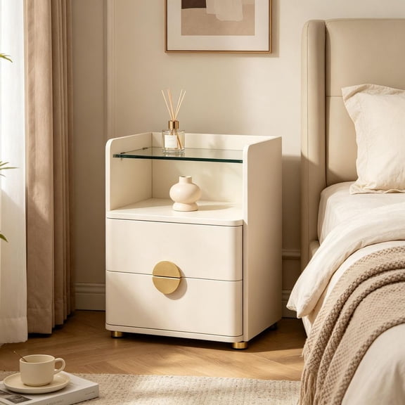 Modern 2 Drawer Nightstand With Open Storage Wood And Metal Frame Bedside Table For Bedroom