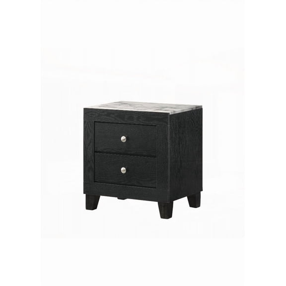 Modern 2-Drawer Nightstand with White Faux Marble Top & Black Finish