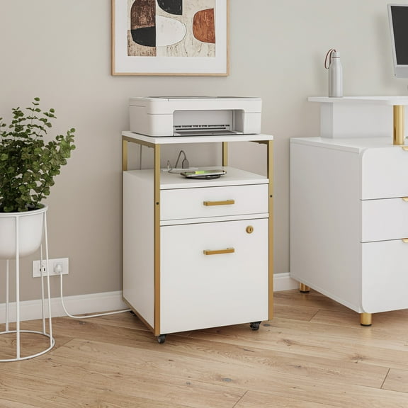 Modern 2-Drawer Rolling File Cabinet with Lock, 2 USB Ports and Power Outlet for Device Charging, Portable File Organizer or Printer Stand for Office or Home with Locking Wheels, White & Gold